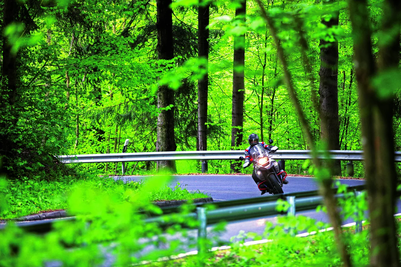 Motorrad auf einer Straße durch dichten grünen Laubwald Motorrad auf einer Straße durch dichten grünen Laubwald